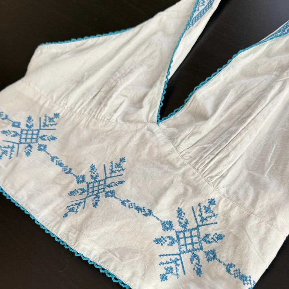 Free People Hello Lover Embroidery Halter White & Blue Cotton Top Size L -‎ NEW